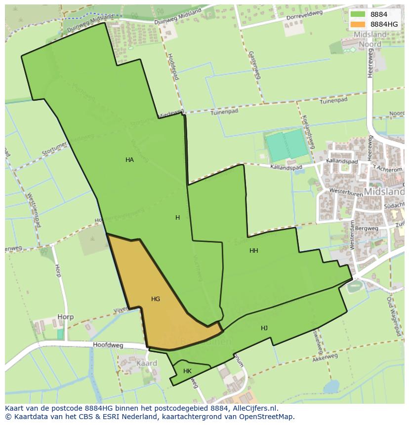 Afbeelding van het postcodegebied 8884 HG op de kaart.