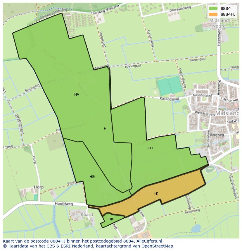Afbeelding van het postcodegebied 8884 HJ op de kaart.