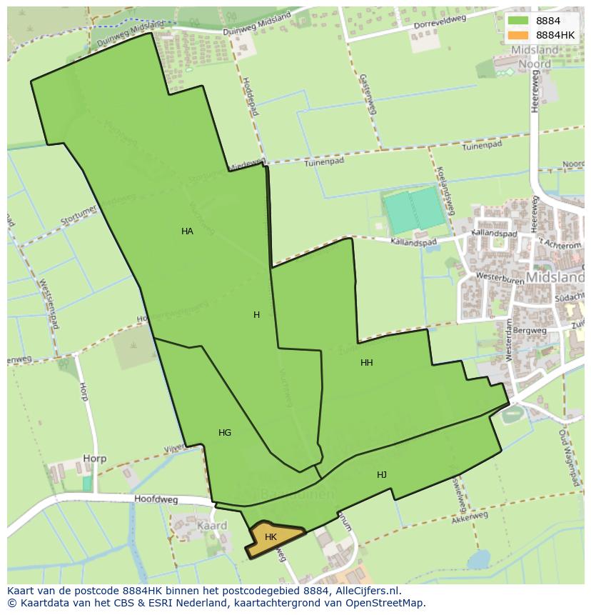 Afbeelding van het postcodegebied 8884 HK op de kaart.