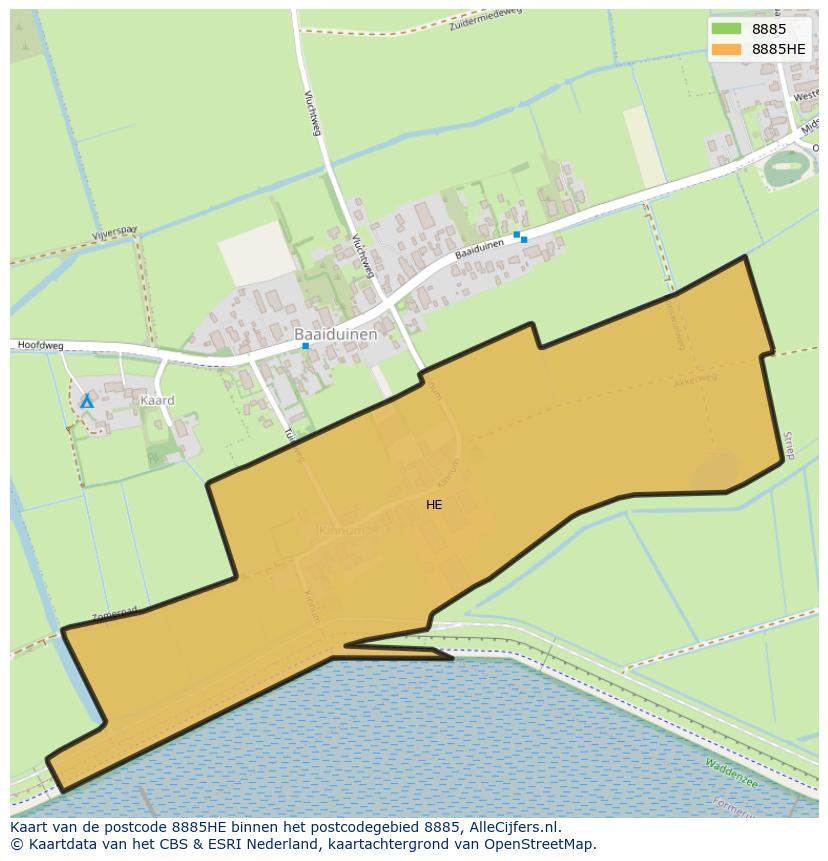 Afbeelding van het postcodegebied 8885 HE op de kaart.