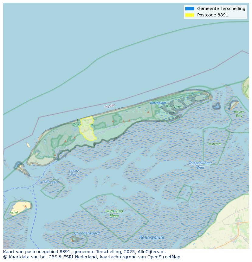 Afbeelding van het postcodegebied 8891 op de kaart.
