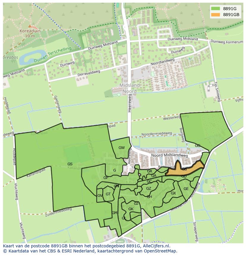 Afbeelding van het postcodegebied 8891 GB op de kaart.