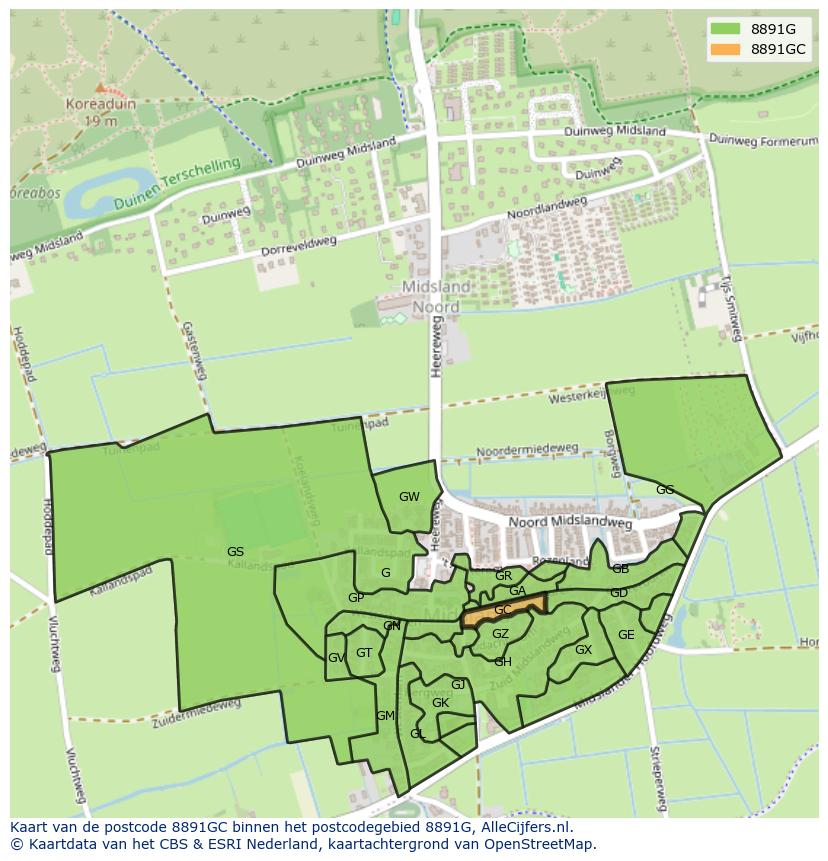 Afbeelding van het postcodegebied 8891 GC op de kaart.
