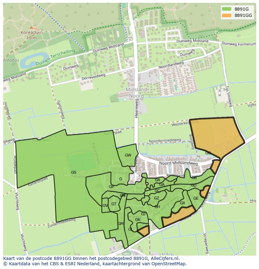 Afbeelding van het postcodegebied 8891 GG op de kaart.