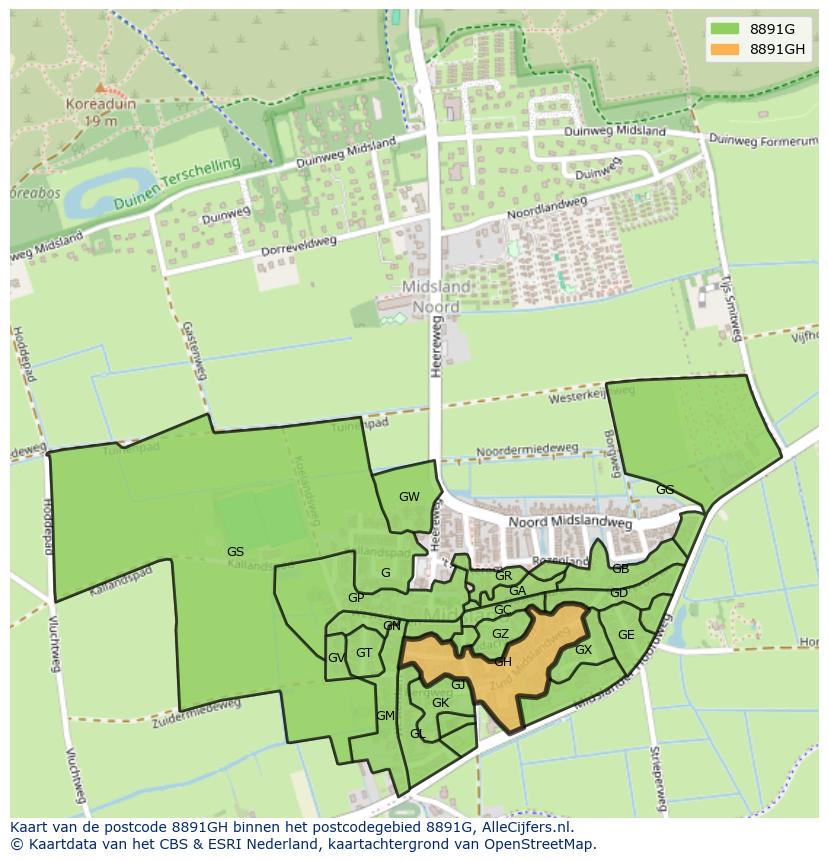 Afbeelding van het postcodegebied 8891 GH op de kaart.