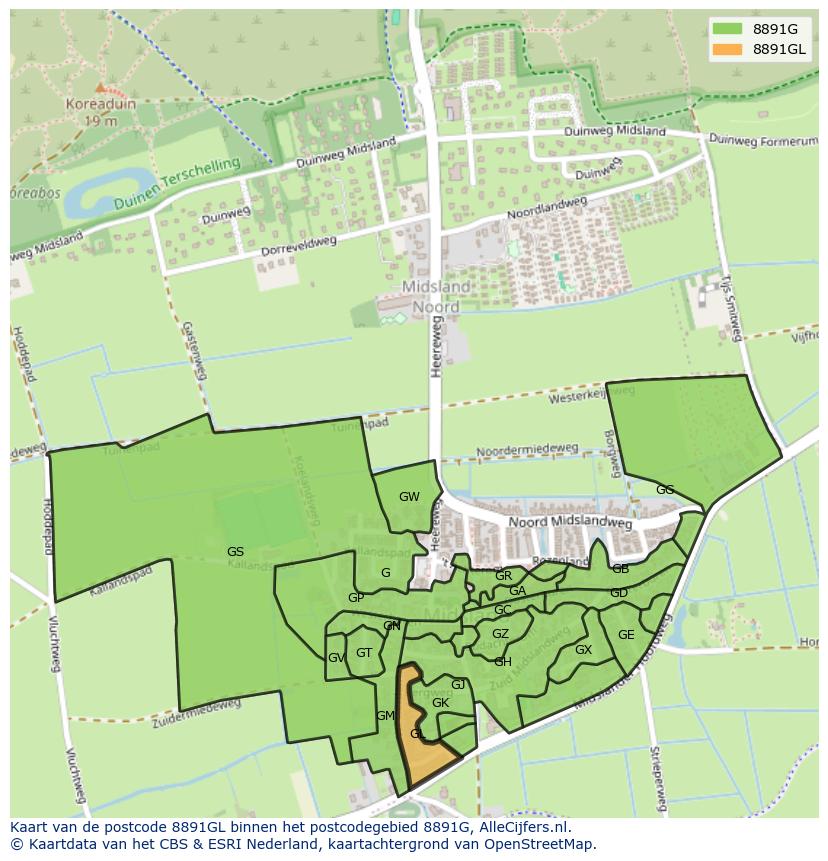 Afbeelding van het postcodegebied 8891 GL op de kaart.