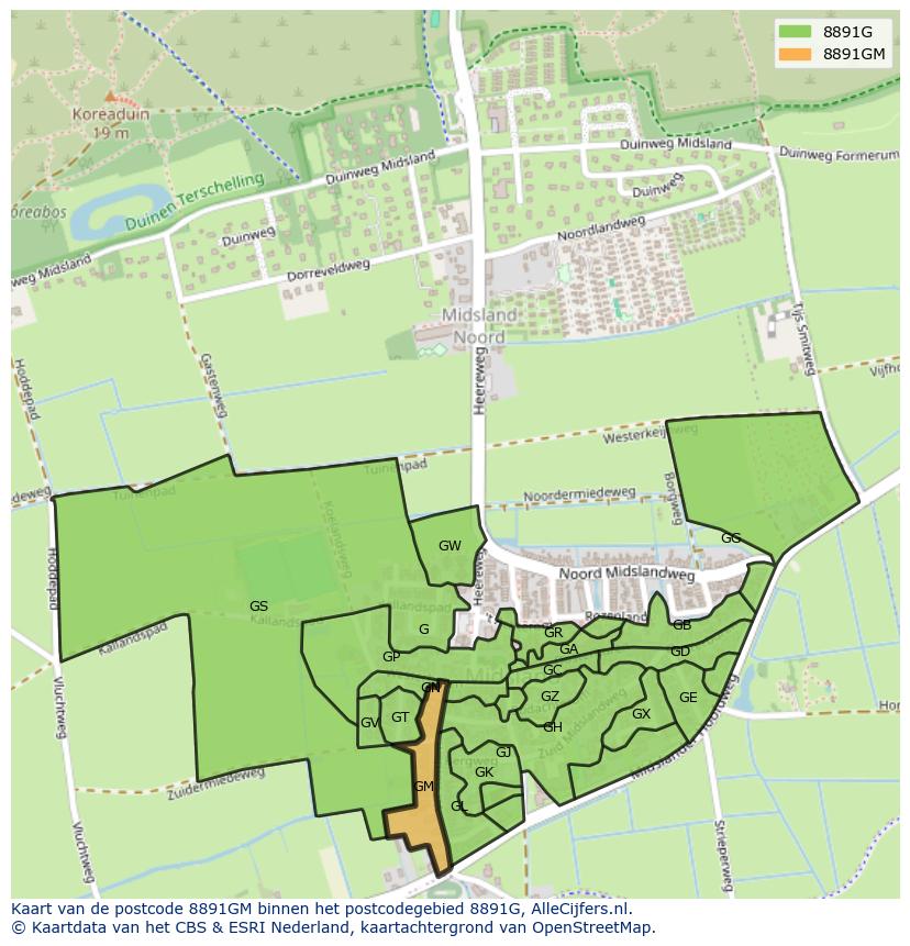 Afbeelding van het postcodegebied 8891 GM op de kaart.