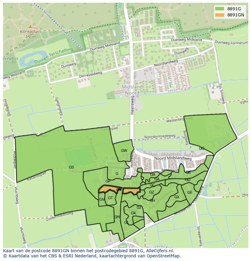 Afbeelding van het postcodegebied 8891 GN op de kaart.