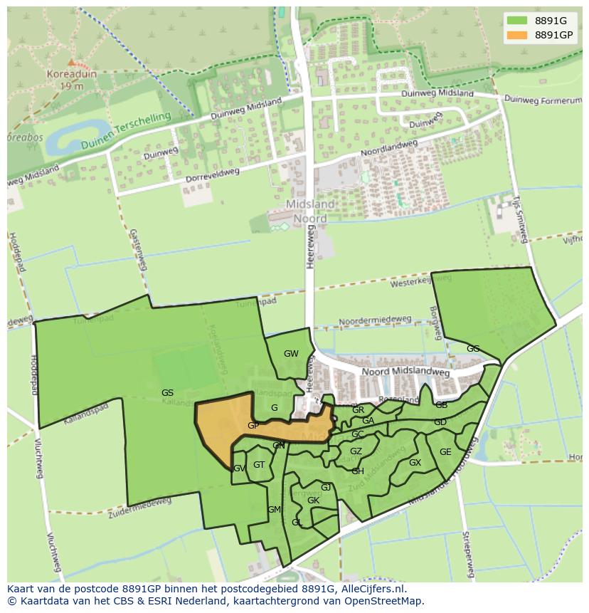 Afbeelding van het postcodegebied 8891 GP op de kaart.