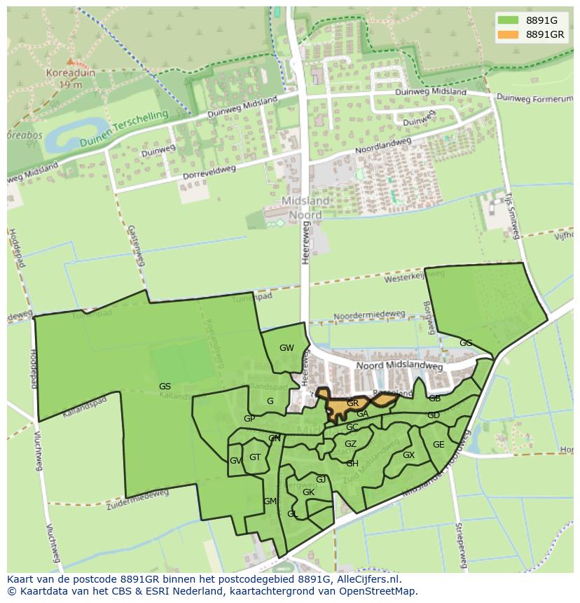 Afbeelding van het postcodegebied 8891 GR op de kaart.