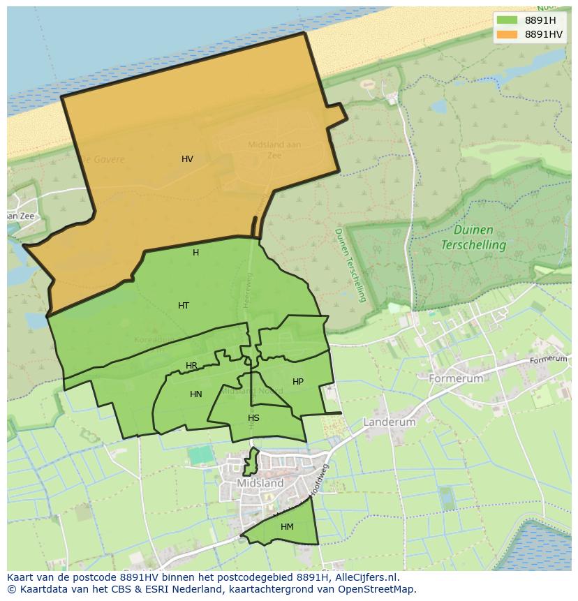Afbeelding van het postcodegebied 8891 HV op de kaart.