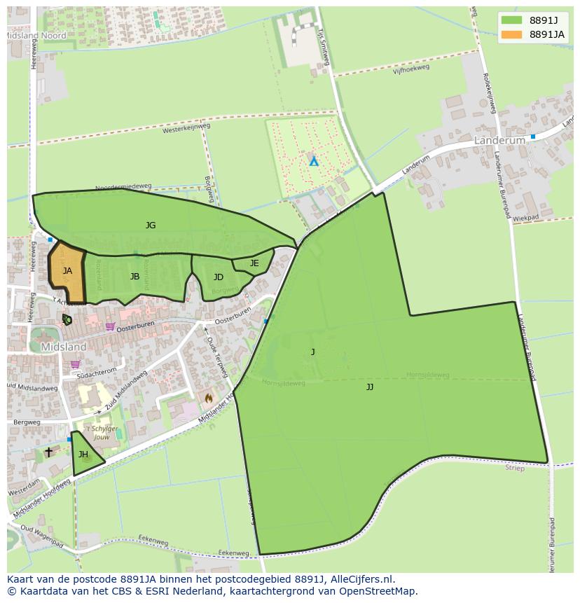 Afbeelding van het postcodegebied 8891 JA op de kaart.