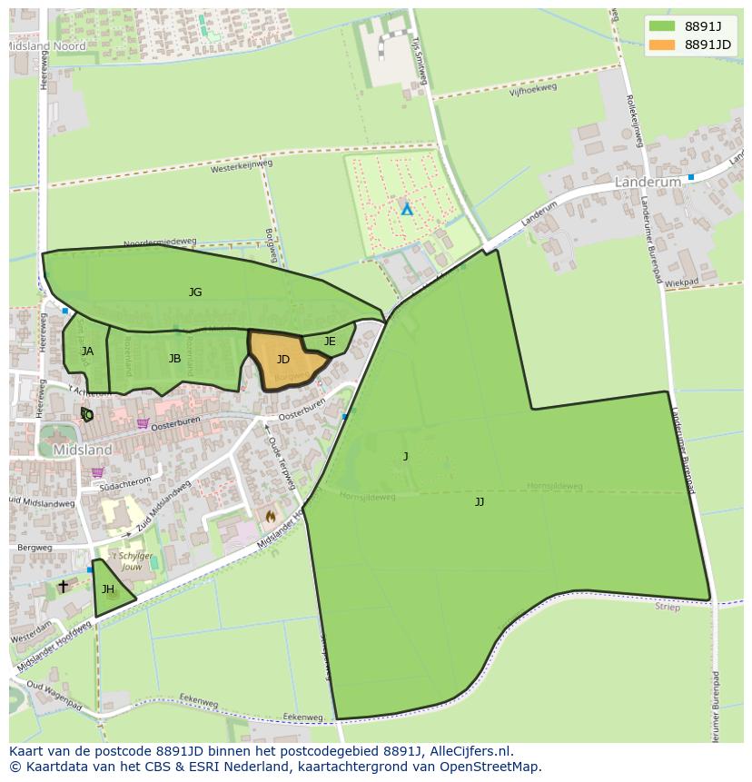 Afbeelding van het postcodegebied 8891 JD op de kaart.