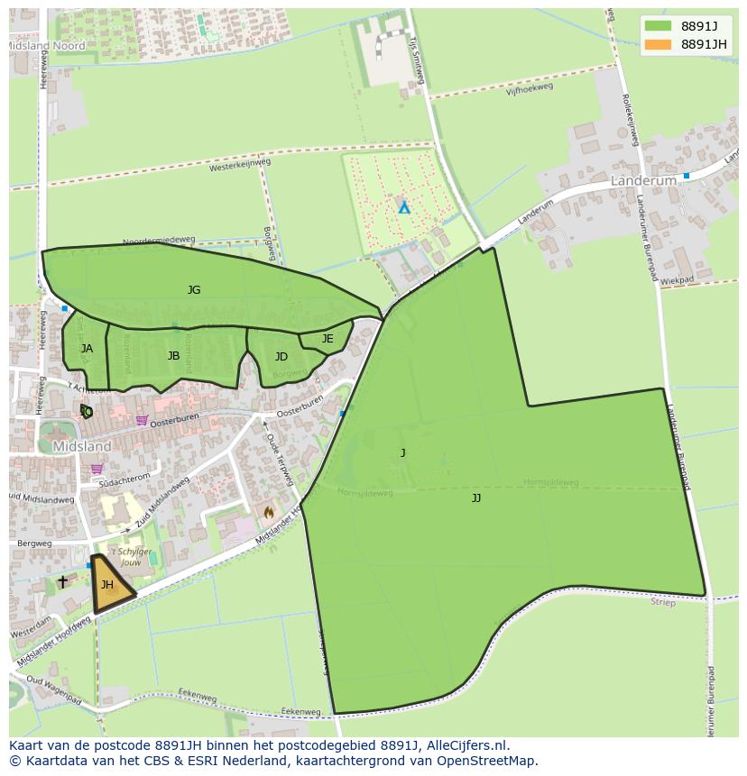 Afbeelding van het postcodegebied 8891 JH op de kaart.