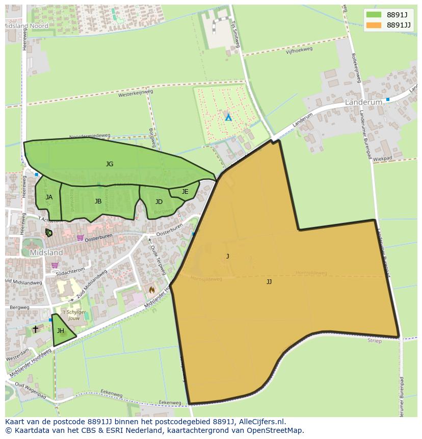Afbeelding van het postcodegebied 8891 JJ op de kaart.