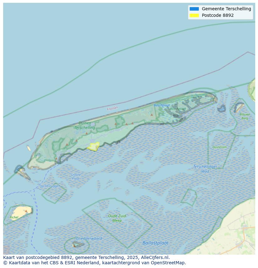 Afbeelding van het postcodegebied 8892 op de kaart.