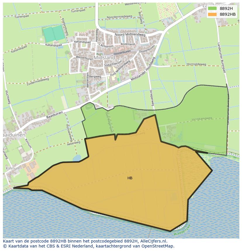Afbeelding van het postcodegebied 8892 HB op de kaart.