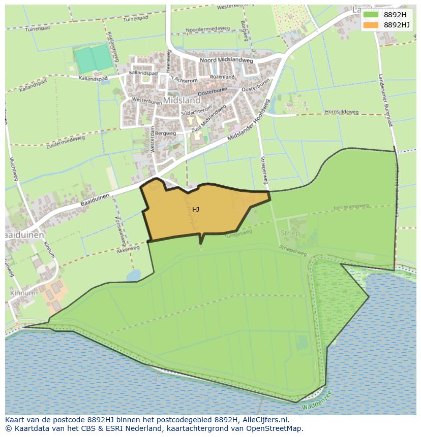 Afbeelding van het postcodegebied 8892 HJ op de kaart.