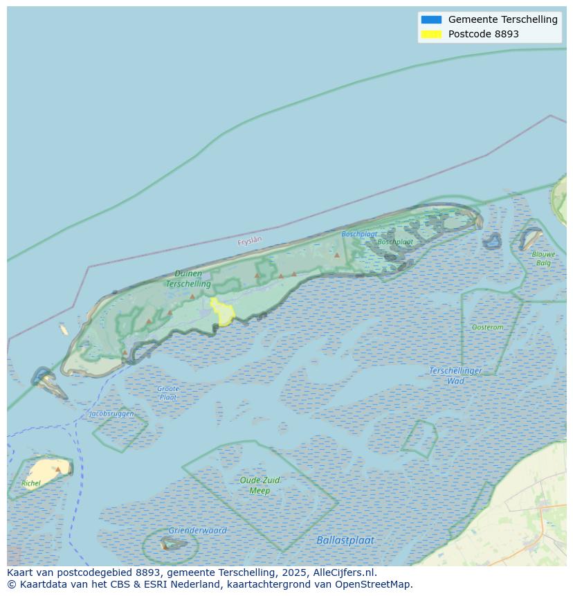 Afbeelding van het postcodegebied 8893 op de kaart.