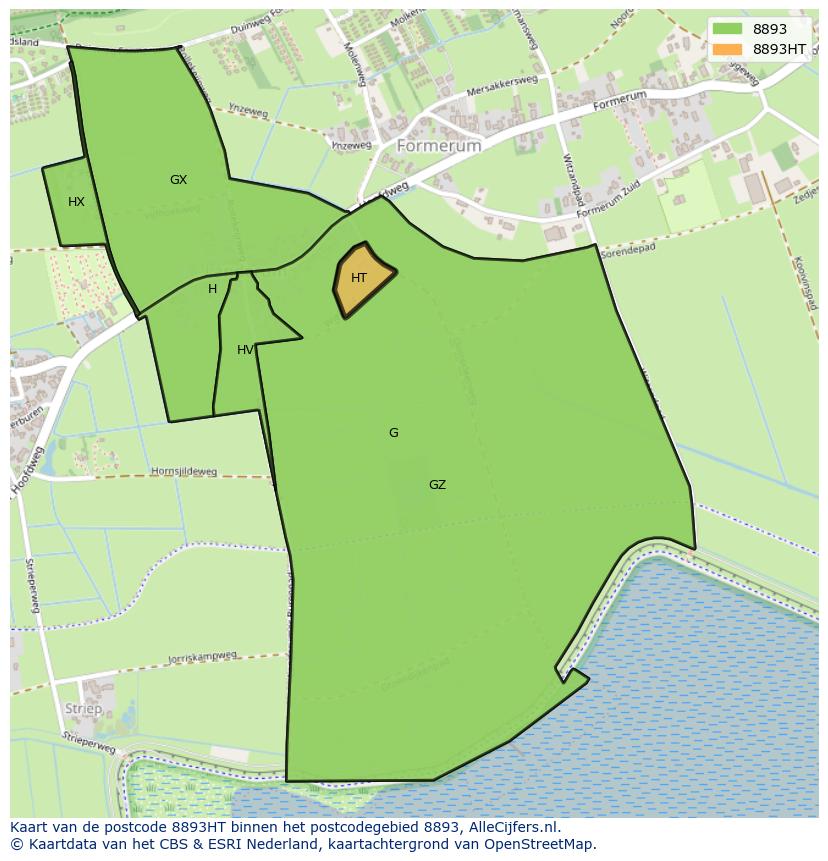 Afbeelding van het postcodegebied 8893 HT op de kaart.