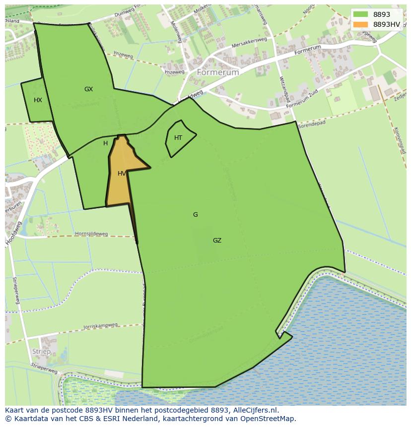 Afbeelding van het postcodegebied 8893 HV op de kaart.