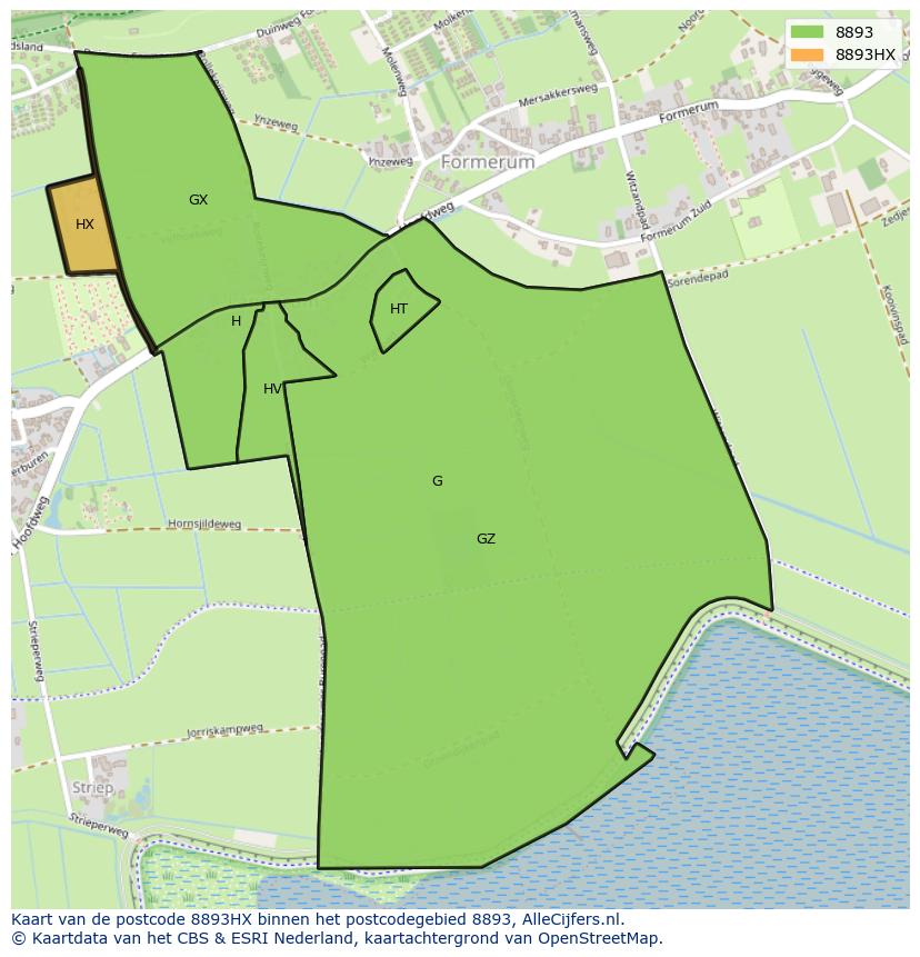 Afbeelding van het postcodegebied 8893 HX op de kaart.