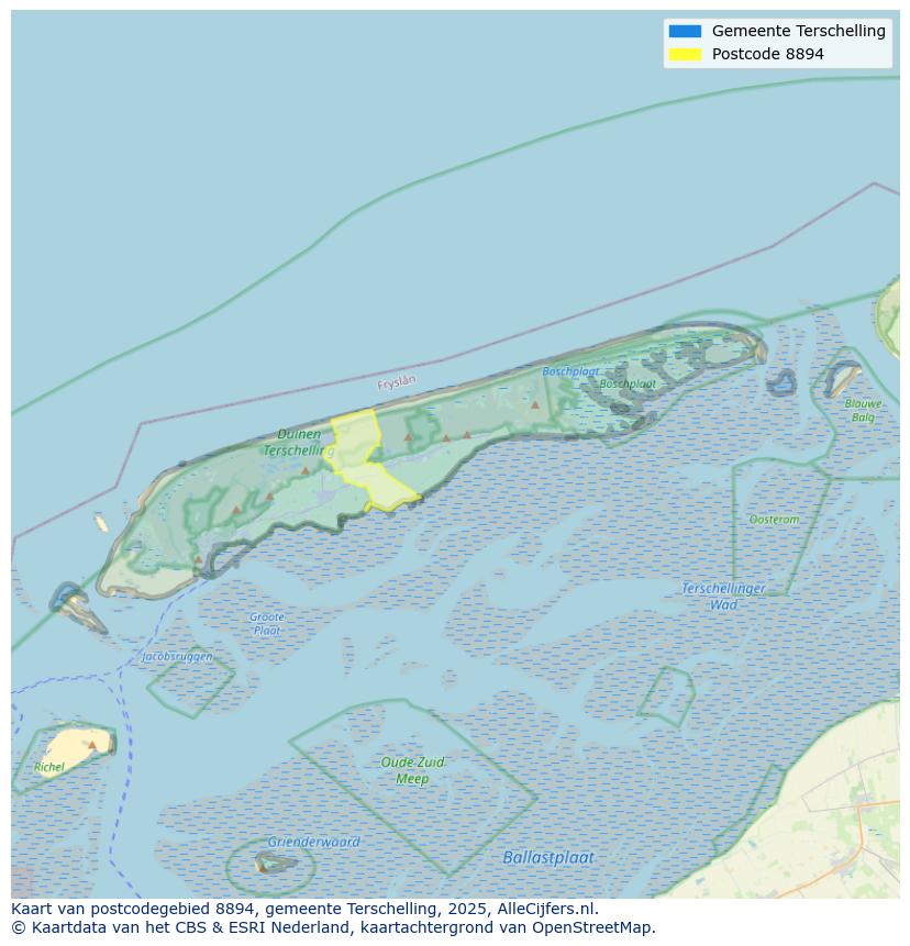 Afbeelding van het postcodegebied 8894 op de kaart.