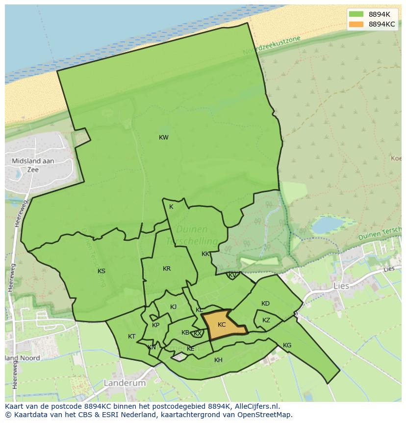 Afbeelding van het postcodegebied 8894 KC op de kaart.