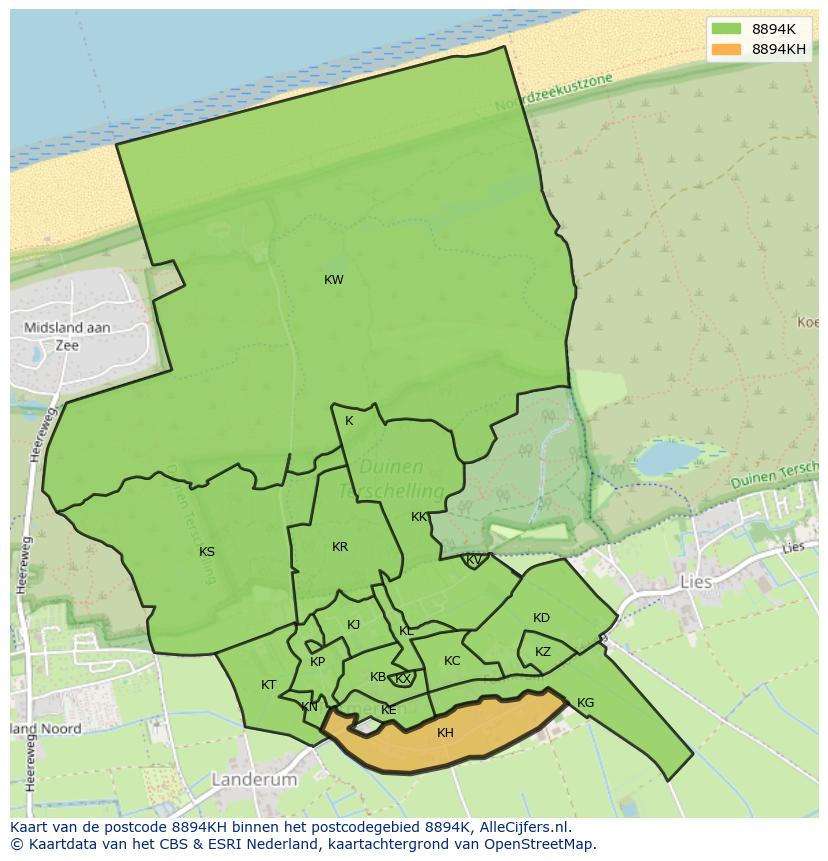 Afbeelding van het postcodegebied 8894 KH op de kaart.