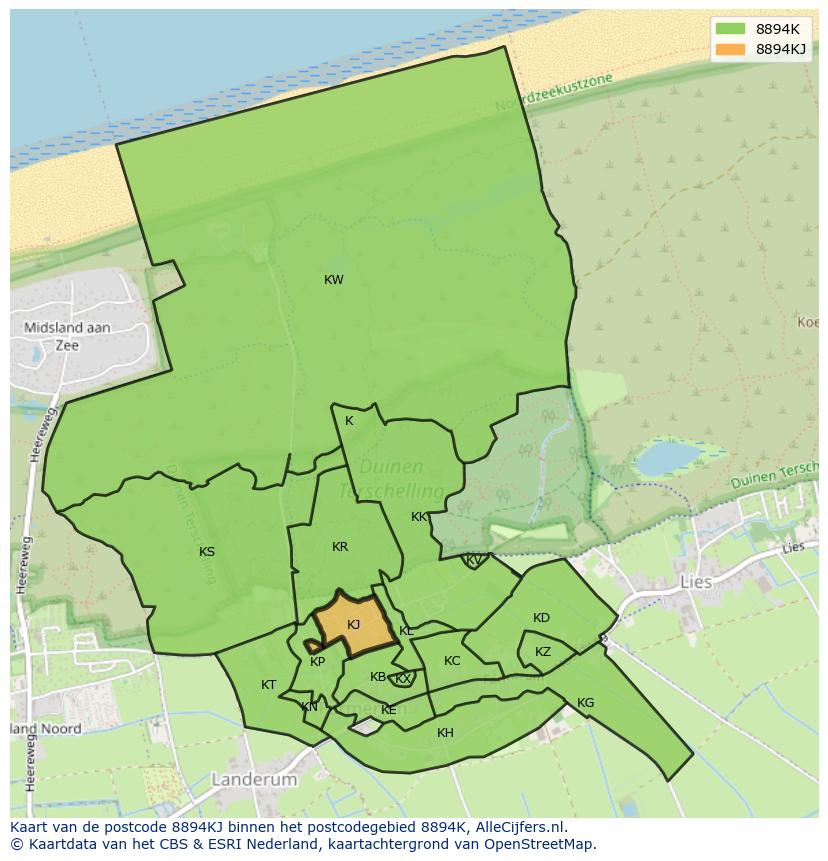 Afbeelding van het postcodegebied 8894 KJ op de kaart.