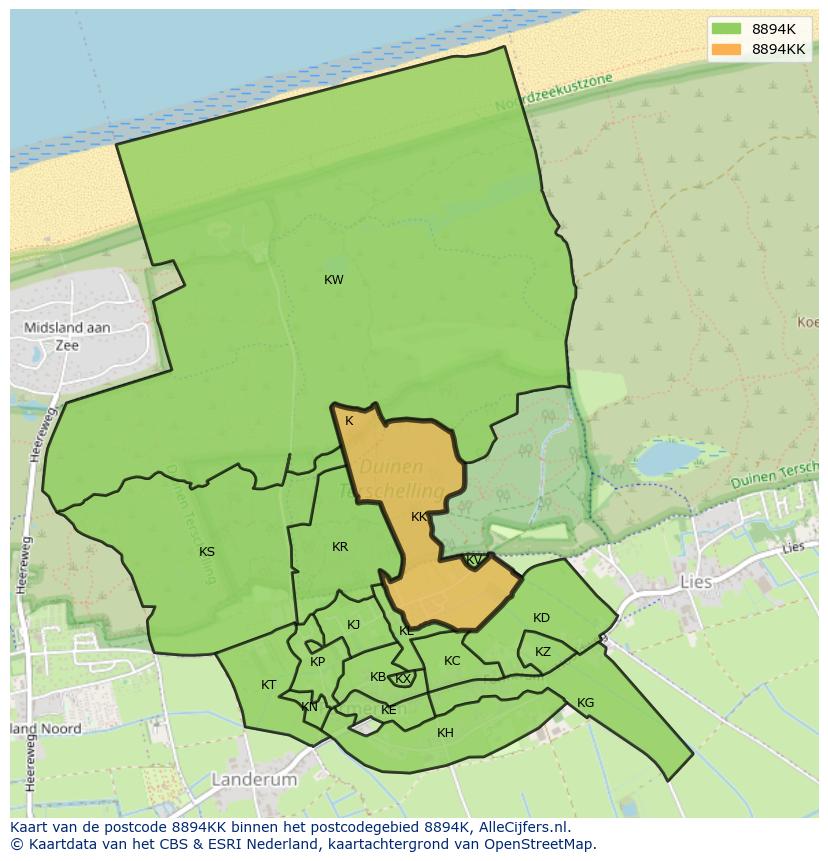 Afbeelding van het postcodegebied 8894 KK op de kaart.