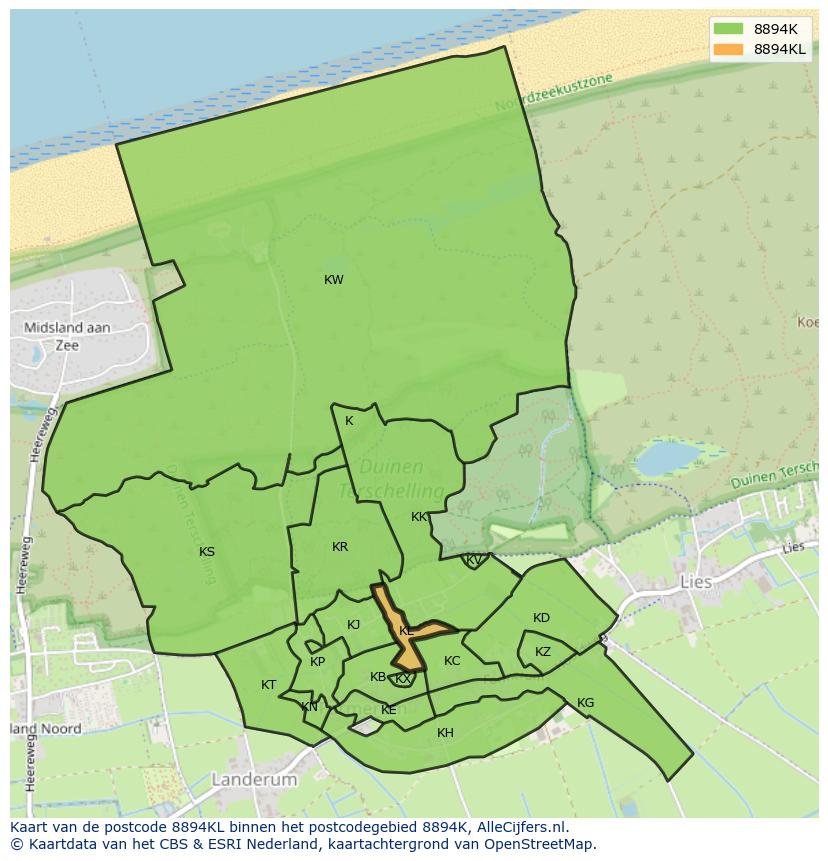 Afbeelding van het postcodegebied 8894 KL op de kaart.