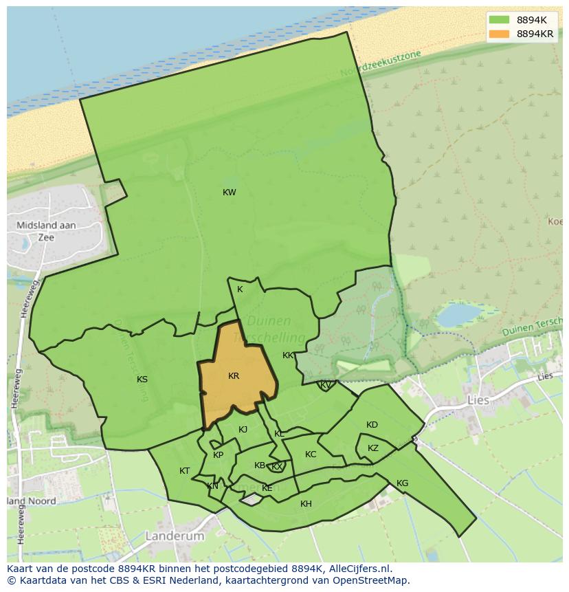 Afbeelding van het postcodegebied 8894 KR op de kaart.