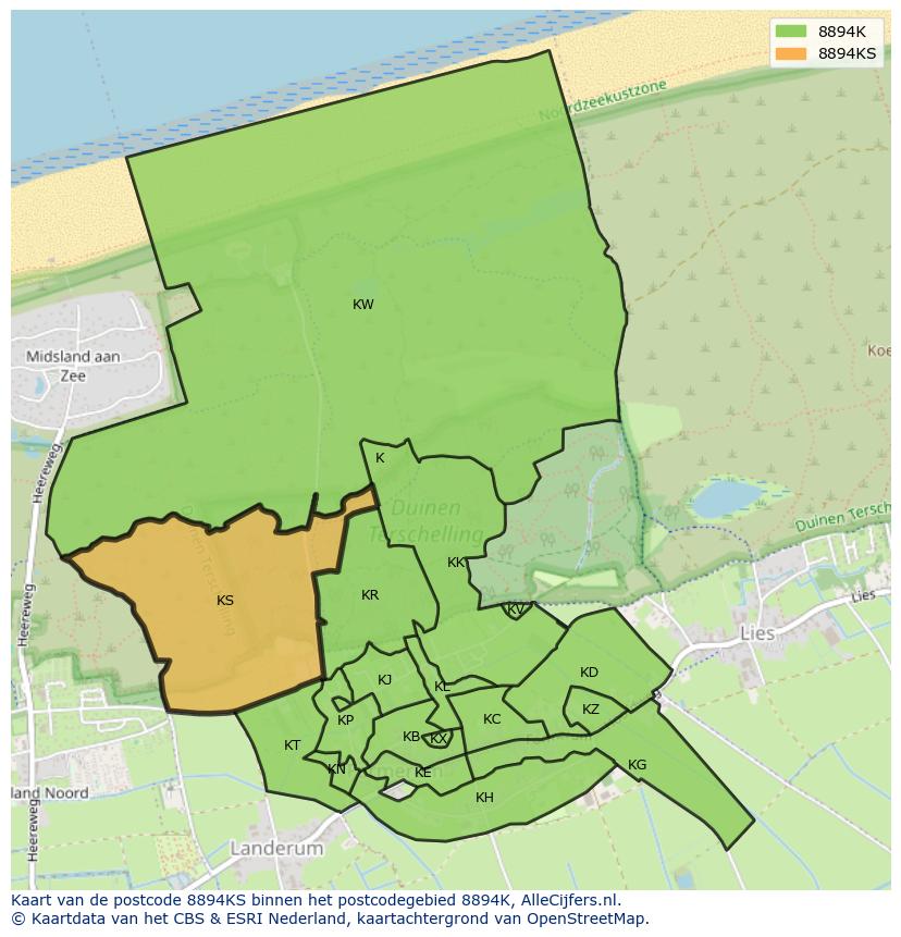 Afbeelding van het postcodegebied 8894 KS op de kaart.
