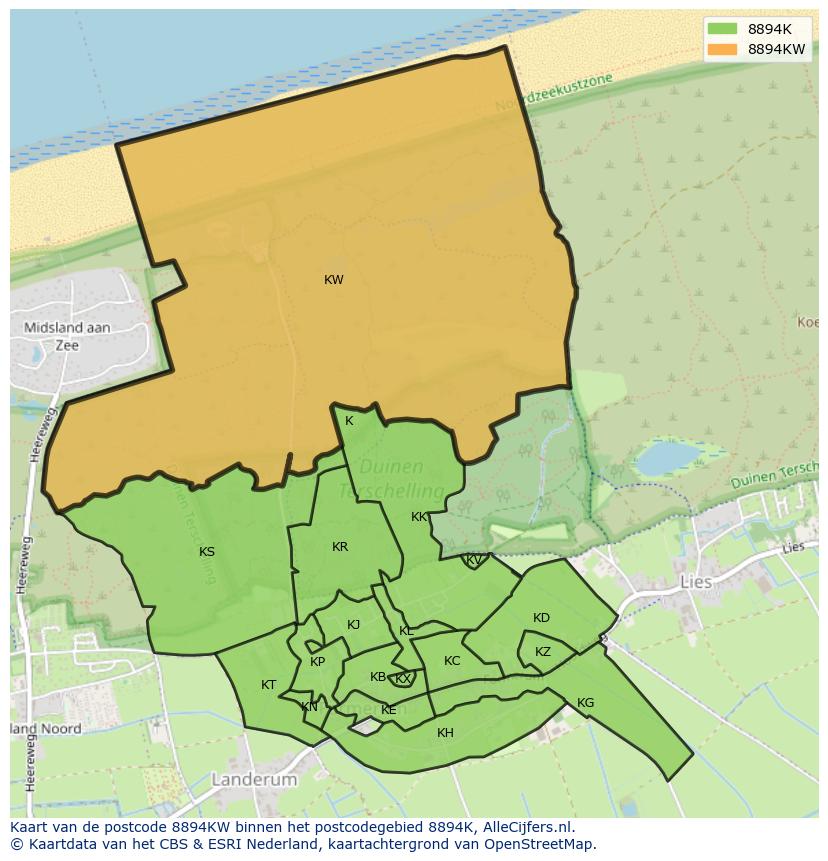 Afbeelding van het postcodegebied 8894 KW op de kaart.