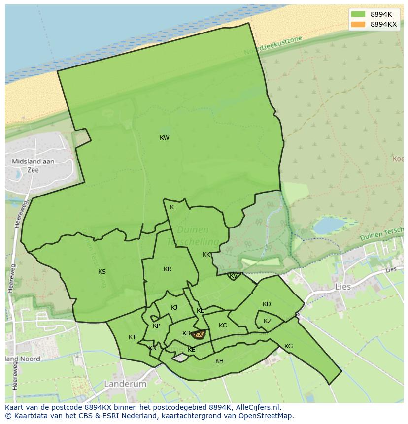 Afbeelding van het postcodegebied 8894 KX op de kaart.