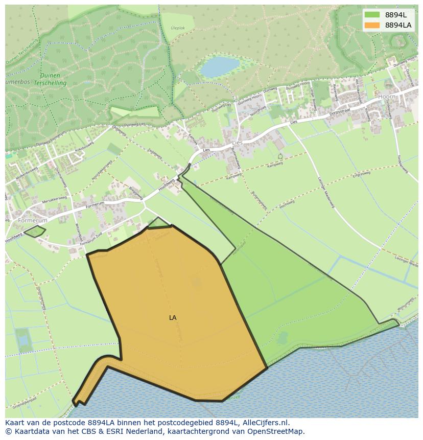 Afbeelding van het postcodegebied 8894 LA op de kaart.