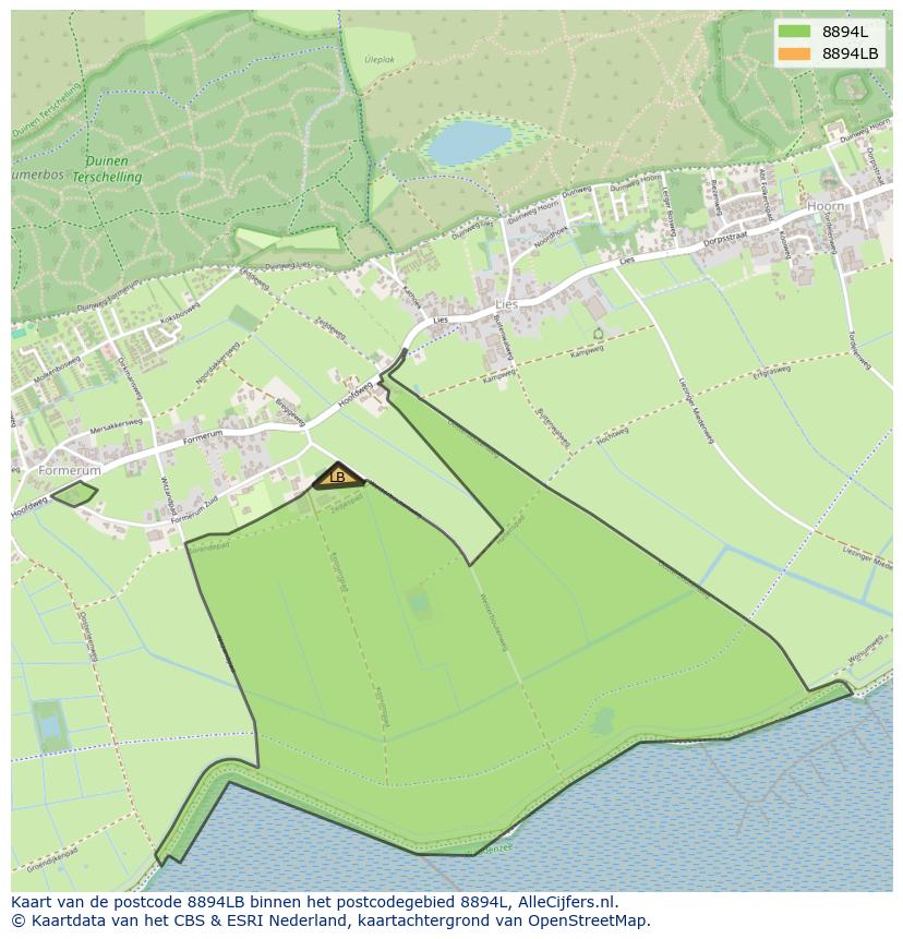 Afbeelding van het postcodegebied 8894 LB op de kaart.