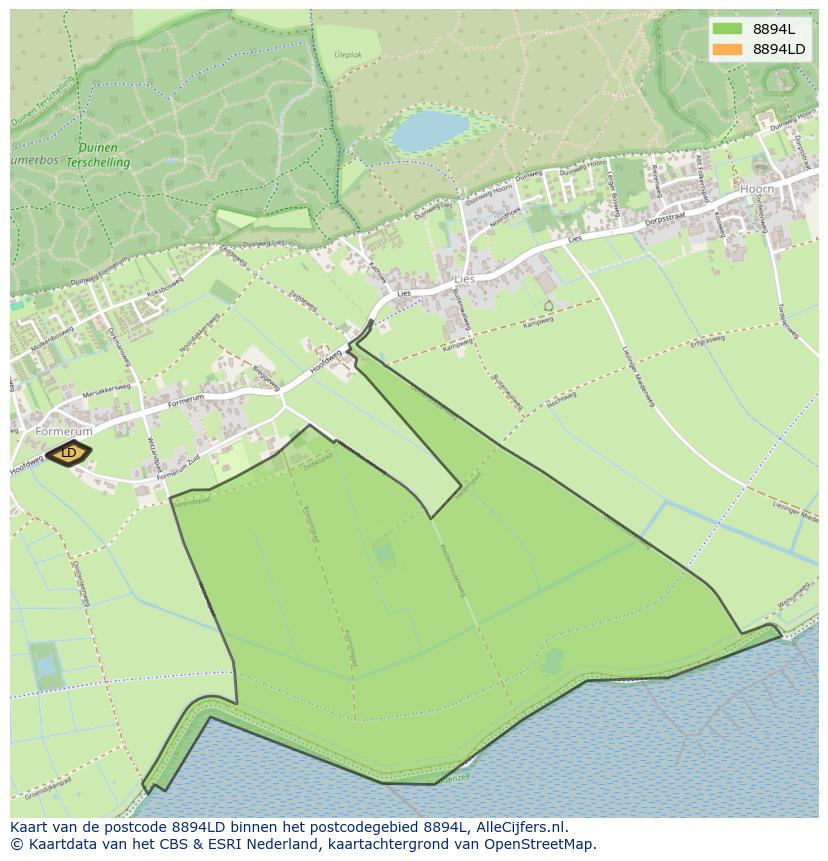 Afbeelding van het postcodegebied 8894 LD op de kaart.