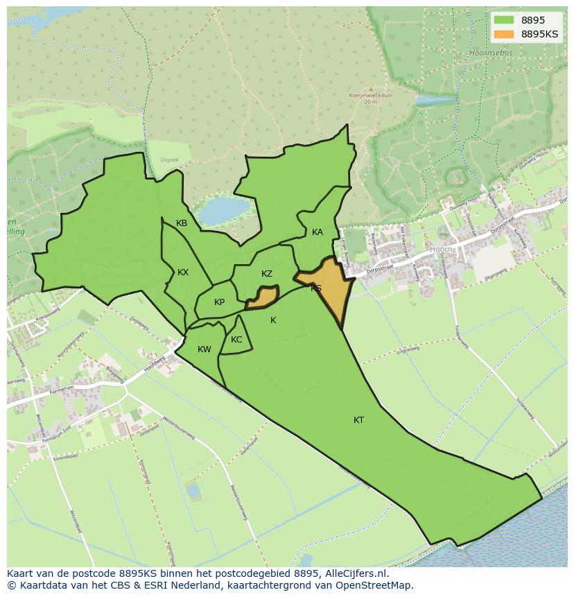 Afbeelding van het postcodegebied 8895 KS op de kaart.