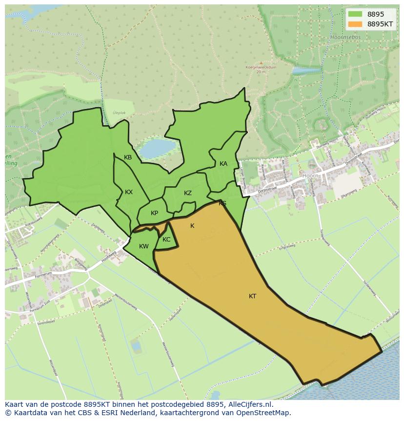 Afbeelding van het postcodegebied 8895 KT op de kaart.