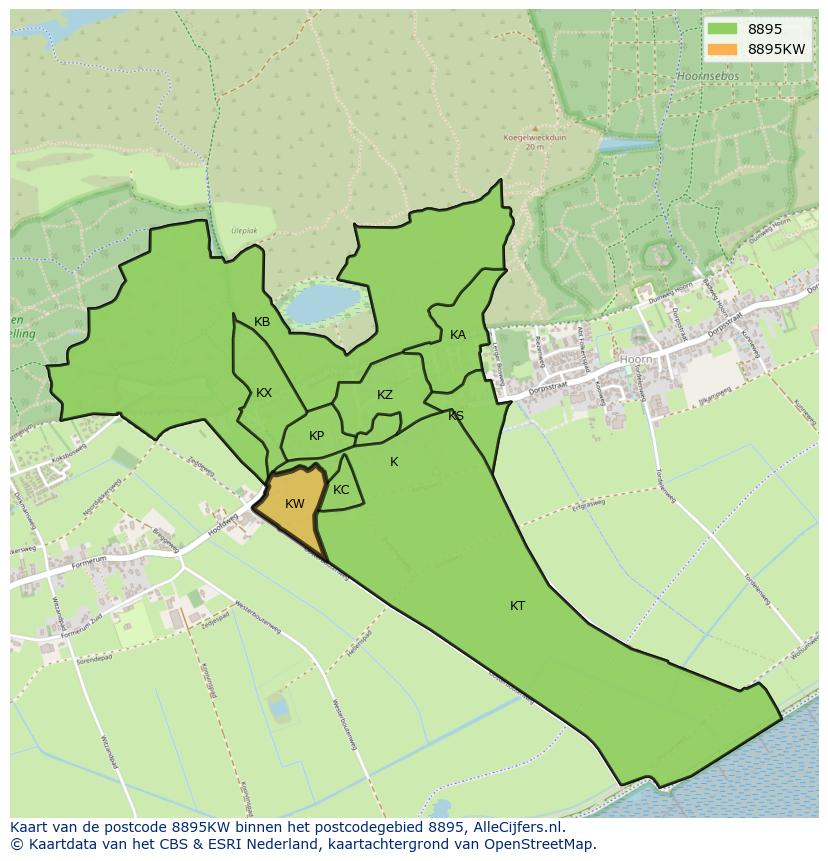 Afbeelding van het postcodegebied 8895 KW op de kaart.