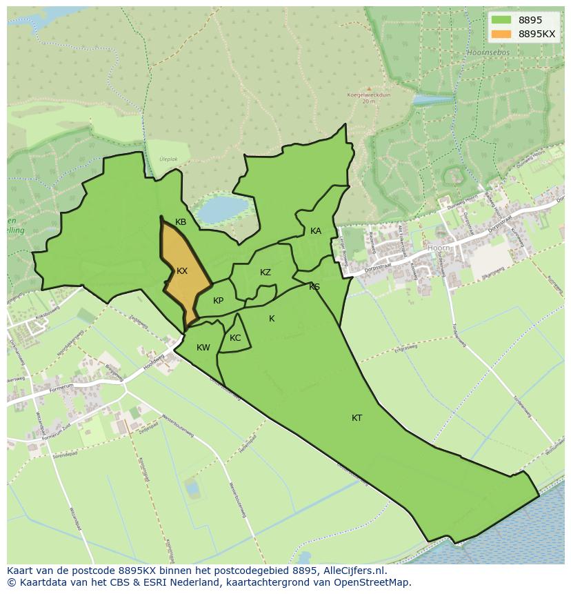 Afbeelding van het postcodegebied 8895 KX op de kaart.