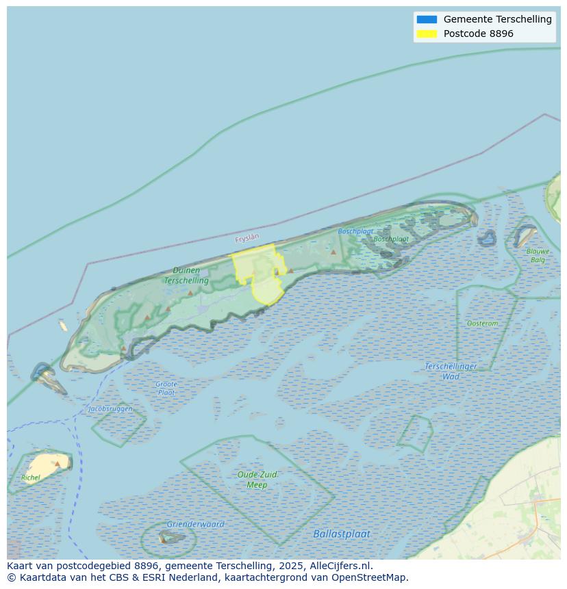 Afbeelding van het postcodegebied 8896 op de kaart.
