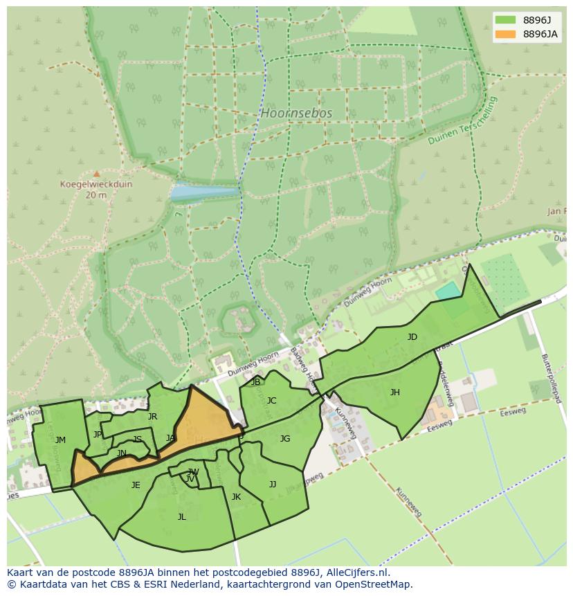 Afbeelding van het postcodegebied 8896 JA op de kaart.