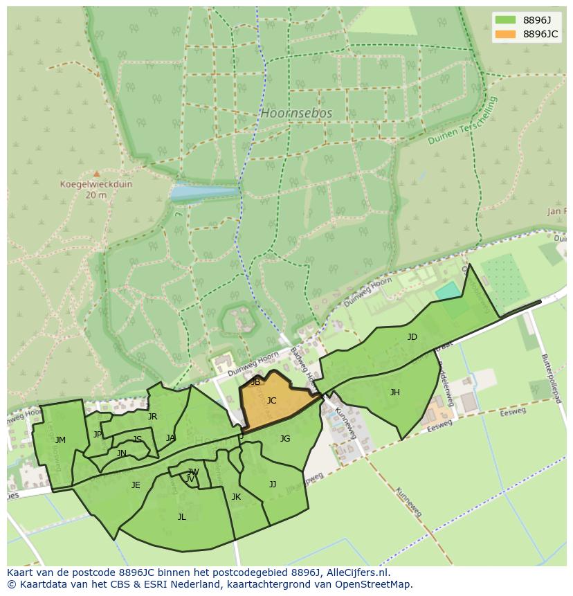 Afbeelding van het postcodegebied 8896 JC op de kaart.