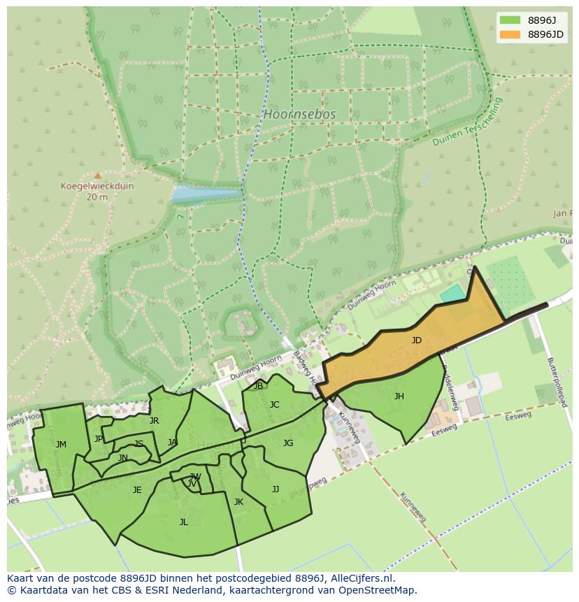 Afbeelding van het postcodegebied 8896 JD op de kaart.