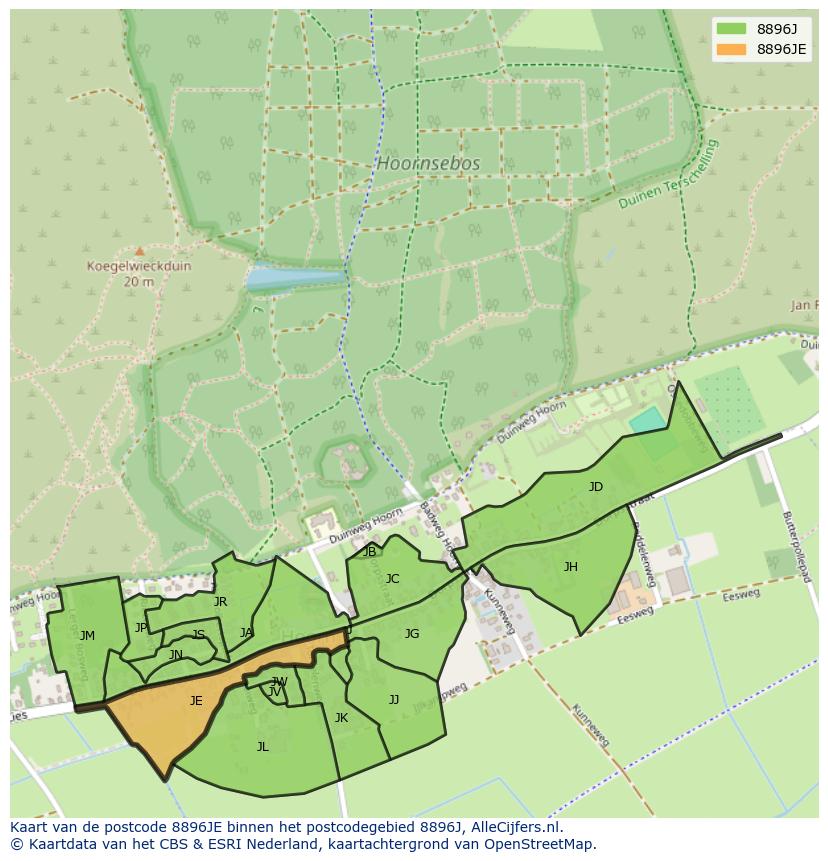 Afbeelding van het postcodegebied 8896 JE op de kaart.