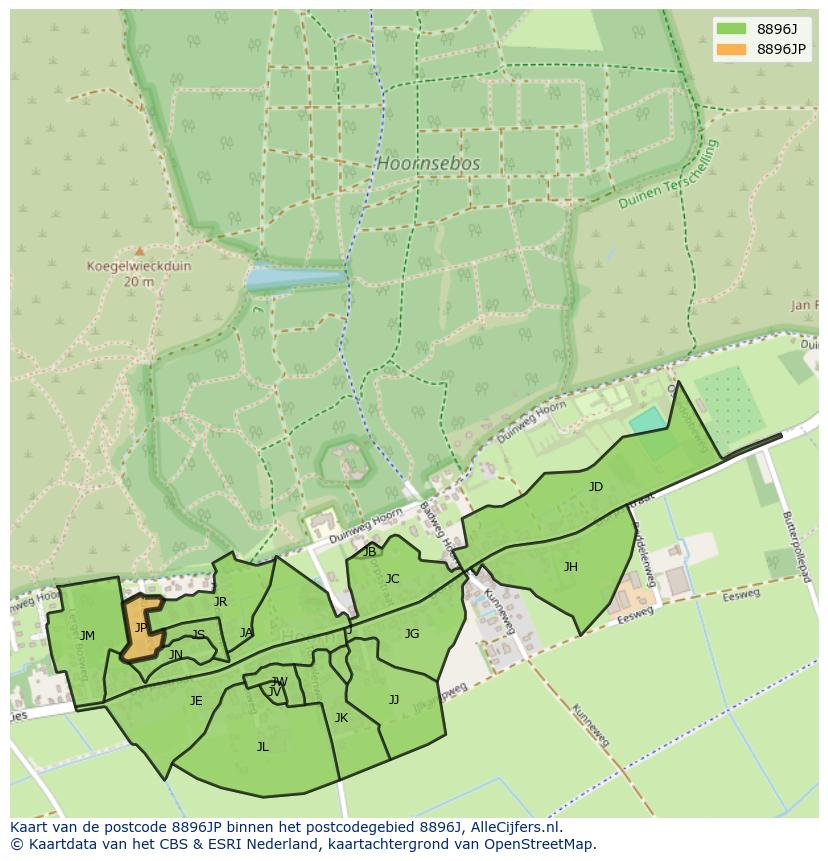 Afbeelding van het postcodegebied 8896 JP op de kaart.