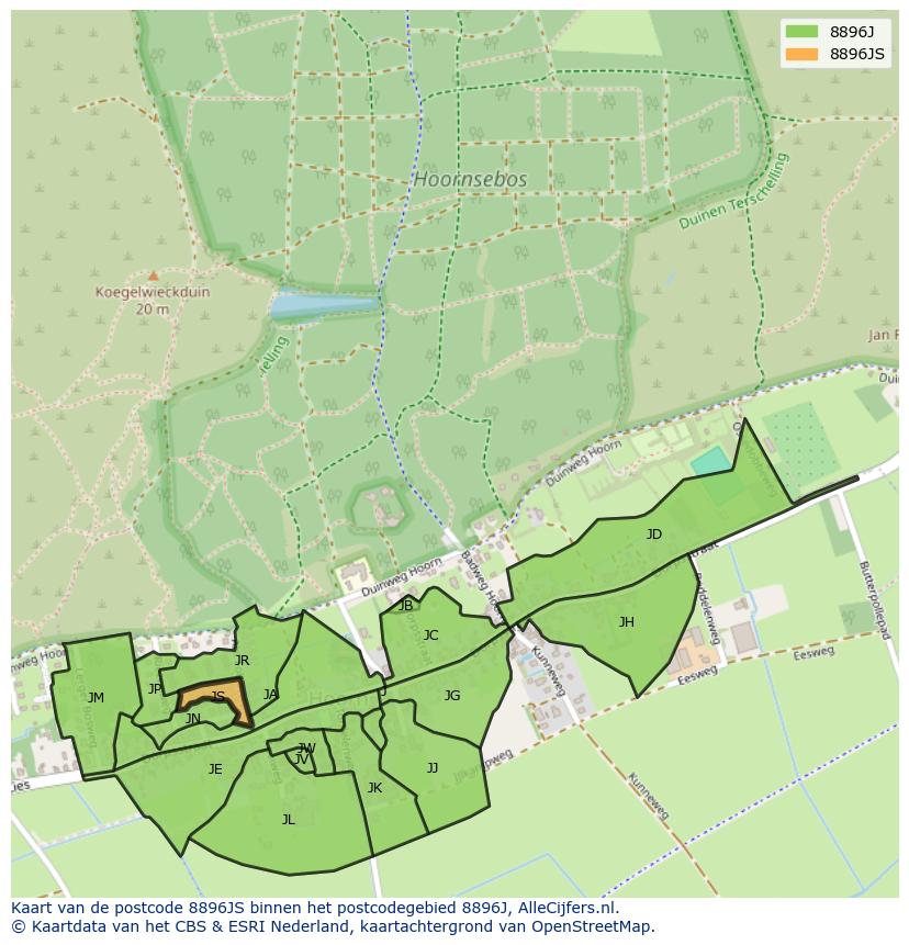 Afbeelding van het postcodegebied 8896 JS op de kaart.
